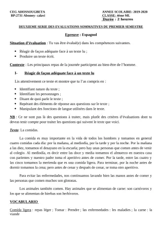 Première page de Espagnol 4e ML — 2e évaluation sommative, 1er semestre (2019-2020) · CEG Ahossougbéta