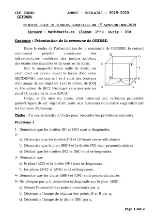 Première page de Mathématiques 1ère C — 1er devoir surveillé, 1er semestre (2019-2020) · CEG ZOGBO