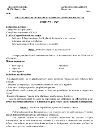 Première page de SVT 6e, 5e, 4e, 4e ML, 3e, 3e ML, 2nde A & B, 2nde A2 — 2e évaluation sommative, 1er semestre (2018-2019) · CEG Ahossougbéta