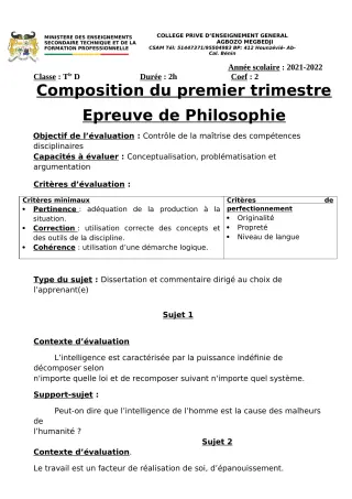 Première page de Philosophie 2nde A2, 2nde B, 2nde D, 1ère A2, 1ère B, 1ère D, Tle A2, Tle B, Tle D — 2e composition, 1er trimestre (2021-2022) · CPEG AGBOZO MEGBEDJI
