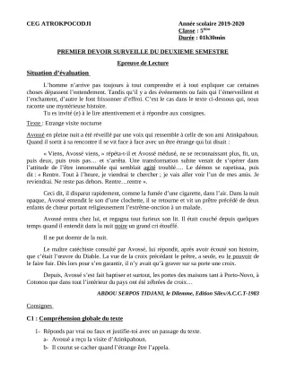 Première page de Histoire-Géographie 5e — 1er devoir surveillé, 2e semestre (2019-2020) · CEG ATROKPOCODJI