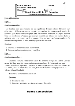 Première page de Français 3e, 3e ML — Devoir surveillé, 2e semestre (2018-2019) · CEG Albarika