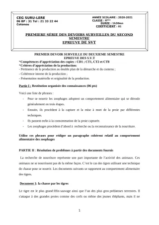 Première page de SVT 6e, 5e, 4e, 4e ML, 3e, 3e ML — 1er devoir surveillé, 2e semestre (2020-2021) · CEG SURU-LERE