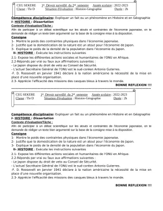 Première page de Histoire-Géographie Tle D — 1er devoir surveillé, 2e semestre (2022-2023) · CEG SEKERE