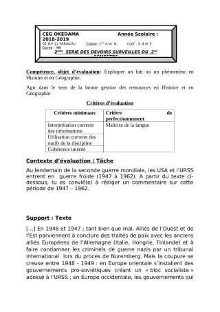 Première page de Histoire-Géographie 1ère A1, 1ère A2, 1ère B — 2e devoir surveillé, 2e semestre (2018-2019) · CEG OKEDAMA