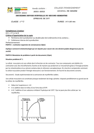 Première page de SVT 1ère D — 2e devoir surveillé, 2e semestre (2021-2022) · CEG SEKERE