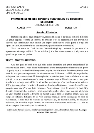 Première page de Français 4e, 4e ML — 1er devoir surveillé, 2e semestre (2018-2019) · CEG SAVI GAKPE