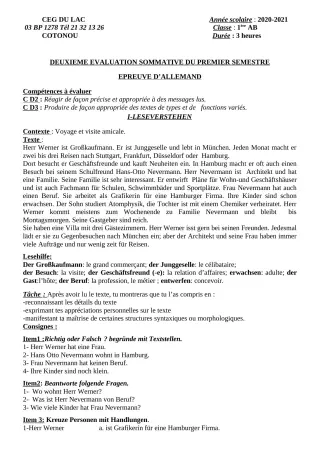 Première page de Allemand 1ère A2, 1ère B — 2e évaluation sommative, 1er semestre (2020-2021) · CEG du Lac