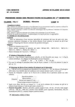 Première page de PCT Tle C — 1re production scolaire, 1er semestre (2019-2020) · CEG SEHOUE