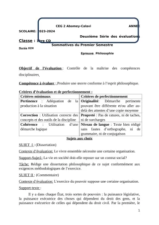 Première page de Philosophie 1ère D — 2e évaluation sommative, 1er semestre (2023-2024) · CEG2 ABOMEY - CALAVI (CEG ZOCA)