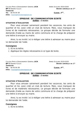 Première page de Français 4e — Devoir surveillé, 1er trimestre (2019-2020) · CPEG LICA