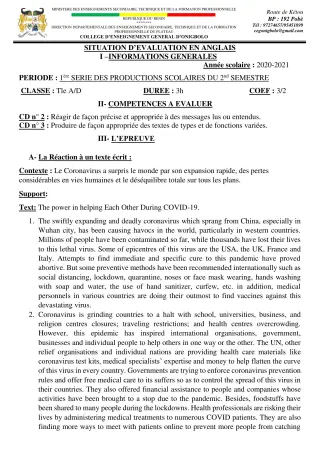 Première page de Anglais Tle A2, Tle D — 1re production scolaire, 2e semestre (2020-2021) · CEG ONIGBOLO