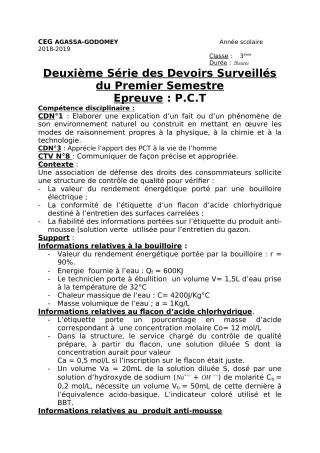 Première page de PCT 3e — 2e devoir surveillé, 1er semestre (2018-2019) · CEG Agassa Godomey