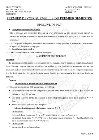 Première page de PCT 1ère C, 1ère D — 1er devoir surveillé, 1er semestre (2020-2021) · CEG FIYEGNON
