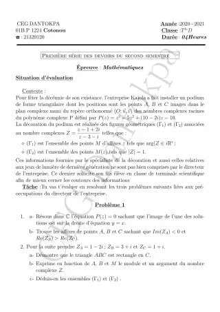 Première page de Mathématiques Tle D — 1er devoir surveillé, 2e semestre (2020-2021) · CEG Dantokpa