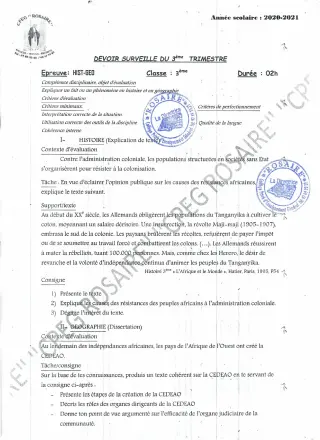 Première page de Histoire-Géographie 3e, 3e ML — 1er devoir surveillé (2020-2021) · CPEG ROSAIRE