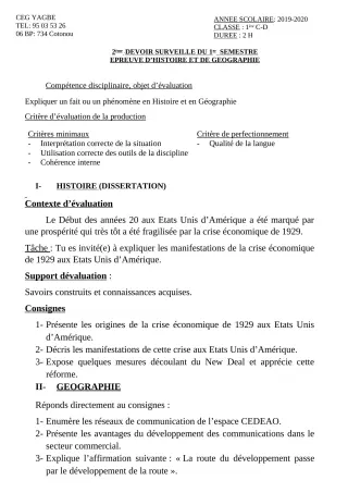 Première page de Histoire-Géographie 1ère C, 1ère D — 2e devoir surveillé, 1er semestre (2019-2020) · CEG Yagbe