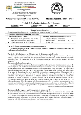Première page de SVT 3e — 1re production scolaire, 1er semestre (2023-2024) · CEG GOHO