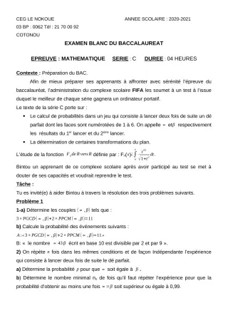 Première page de Examen Blanc de MATHS GENE — Tle C — CEG LE NOKOUE (2020)
