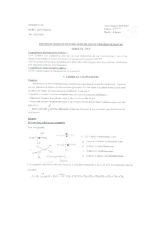 Première page de PCT 1ère C — 2e devoir surveillé, 1er semestre (2018-2019) · CEG du Lac