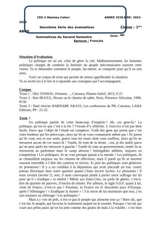 Première page de Français 1ère A & B — 2e évaluation sommative, 2e semestre (2022-2023) · CEG2 ABOMEY - CALAVI (CEG ZOCA)
