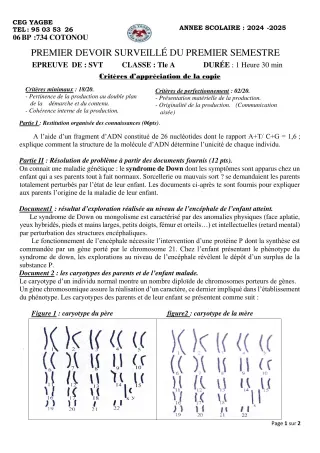 Première page de SVT Tle A2 — 1er devoir surveillé, 1er semestre (2024-2025) · CEG Yagbe