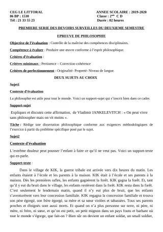 Première page de Philosophie 2nde C, 1ère A1 — 1er devoir surveillé, 2e semestre (2019-2020) · CEG Le Littoral