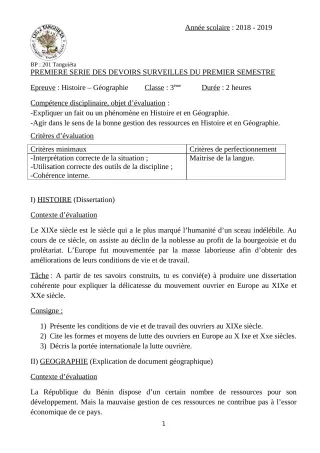 Première page de Histoire-Géographie 3e, 3e ML — 1er devoir surveillé, 1er semestre (2018-2019) · CEG2 TANGUIETA