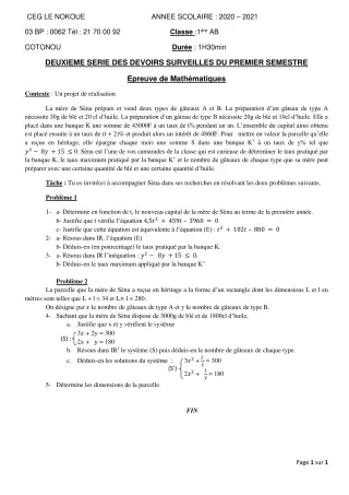 Première page de Mathématiques 1ère A1, 1ère A2, 1ère B — 2e devoir surveillé, 1er semestre (2020-2021) · CEG LE NOKOUE