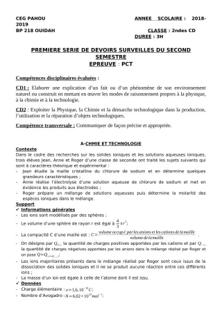 Première page de PCT 2nde C, 2nde D — 1er devoir surveillé, 2e semestre (2018-2019) · CEG PAHOU