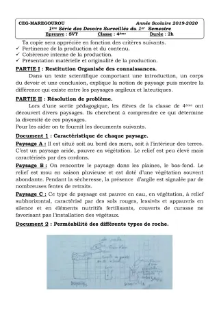 Première page de SVT 4e ML&MC — 1er devoir surveillé (2019-2020) · CEG MAREGOUROU