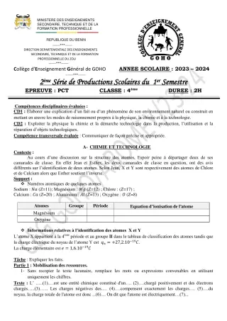 Première page de PCT 4e — 2e production scolaire, 1er semestre (2023-2024) · CEG GOHO