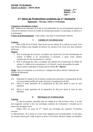 Première page de PCT 6e, 5e, 4e, 3e — 1re production scolaire, 1er semestre (2019-2020) · CEG Sème tchakou