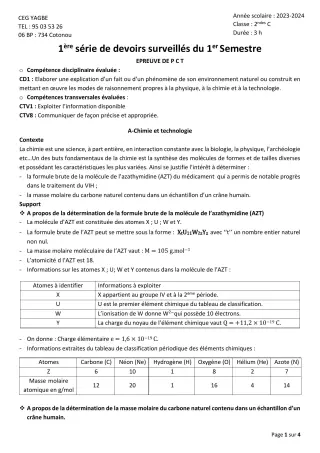 Première page de PCT 2nde C — 1er devoir surveillé, 1er semestre (2023-2024) · CEG Yagbe
