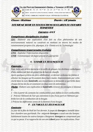 Première page de PCT 6e, 5e, 4e, 3e, 2nde D, 1ère D, Tle D — 2e production scolaire, 1er trimestre (2020-2021) · CPEG LA RECADE