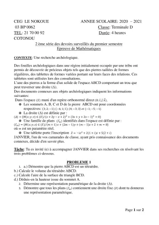 Première page de Mathématiques Tle D — 2e devoir surveillé, 1er semestre (2020-2021) · CEG LE NOKOUE