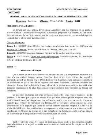 Première page de Français Tle A1, Tle A2, Tle B, Tle C, Tle D — 1er devoir surveillé, 1er semestre (2019-2020) · CEG ZOGBO