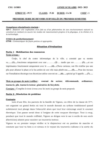 Première page de PCT 5e — 1er devoir surveillé, 1er semestre (2022-2023) · CEG GOHO