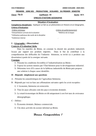 Première page de Histoire-Géographie Tle D — Production scolaire, 1er semestre (2020-2021) · CEG ONIGBOLO