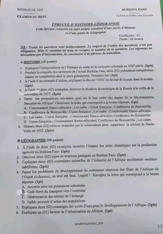 Première page de Épreuve d’Histoire-Géographie – BEPC 2025 – Burkina Faso