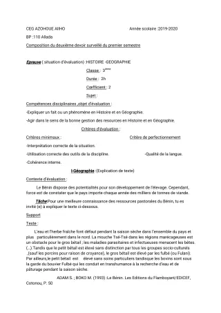 Première page de Histoire-Géographie 3e, 3e ML — 2e devoir surveillé, 1er semestre (2019-2020) · CEG AZOHOUE-ALIHO