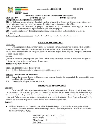 Première page de PCT 4e — Devoir surveillé, 2e semestre (2022-2023) · CEG SEKERE