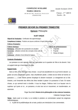 Première page de Philosophie 1ère A, 1ère B, 1ère C, 1ère D — 1er devoir surveillé, 1er trimestre (2019-2020) · CPEG MARIA GRACIA