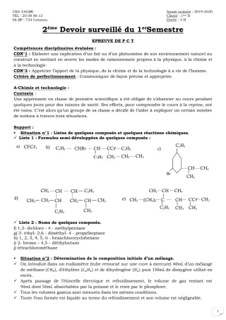 Première page de PCT 1ère D — 2e devoir surveillé (2019-2020) · CEG Yagbe