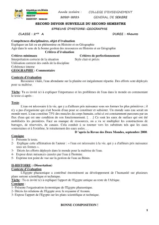 Première page de Histoire-Géographie 2nde A2 — 2e devoir surveillé, 2e semestre (2020-2021) · CEG SEKERE