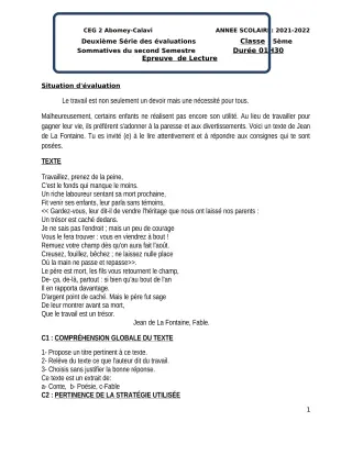 Première page de Français 5e — 2e évaluation sommative, 2e semestre (2021-2022) · CEG2 ABOMEY - CALAVI (CEG ZOCA)