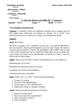 Première page de Anglais 6e — 2e devoir surveillé, 1er semestre (2019-2020) · CEG GAROU