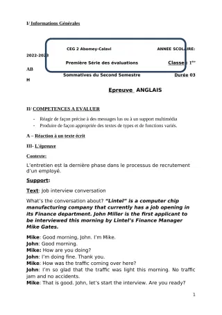 Première page de Anglais 1ère A & B — 1re évaluation sommative, 2e semestre (2022-2023) · CEG2 ABOMEY - CALAVI (CEG ZOCA)