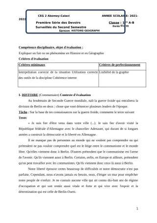 Première page de Histoire-Géographie 1ère A & B — 1er devoir surveillé, 2e semestre (2021-2022) · CEG2 ABOMEY - CALAVI (CEG ZOCA)