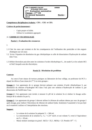Première page de PCT 2nde C — 2e évaluation sommative, 2e semestre (2021-2022) · CEG2 ABOMEY - CALAVI (CEG ZOCA)
